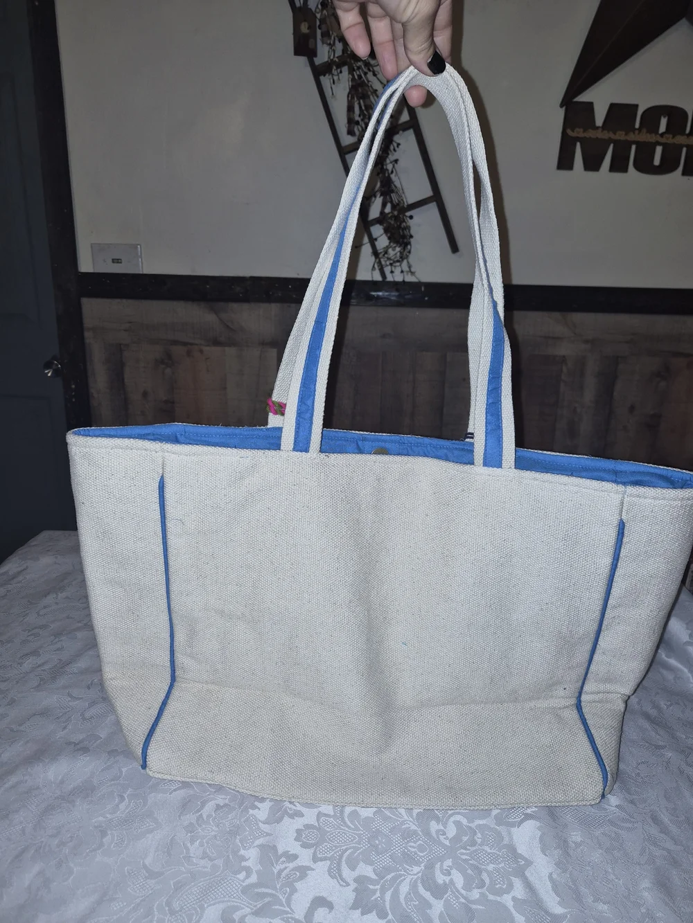 Canvas Floral Embroidered Tote with Colorful Pom-Poms - Unbranded